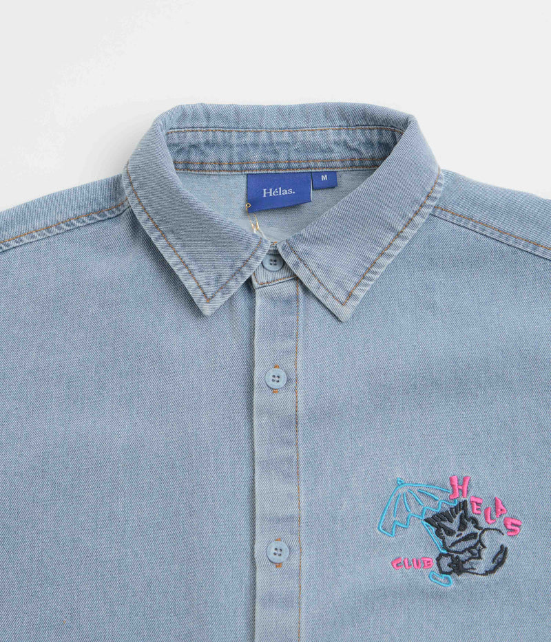 Helas Bad Washed Denim Short Sleeve Shirt in Light Blue