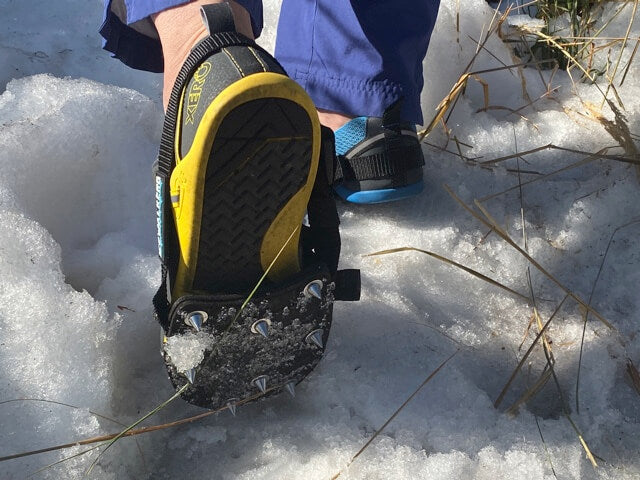 Xero Shoes Icewalkers in Black and Yellow Shoe with Toe Stepping on the Ice