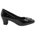 Black patent leather shoe with a low heel on a white background