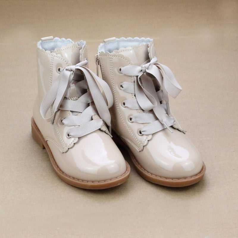 Josephine Toddler Girls Scallop Lace Up Boots In Patent Taupe - Petitfoot.com