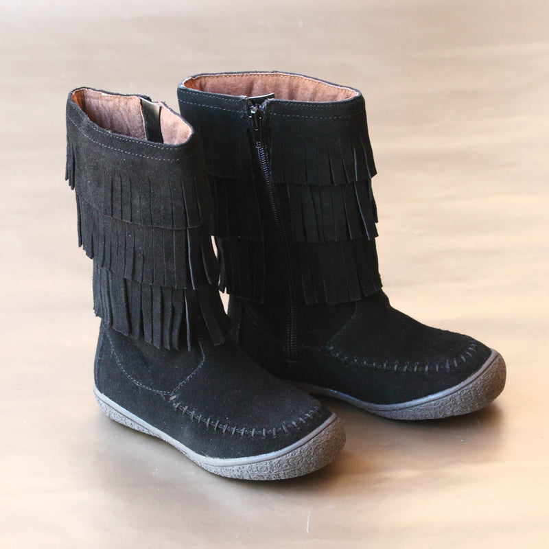 L'Amour Girls Black 3-Layer Fringe Boot