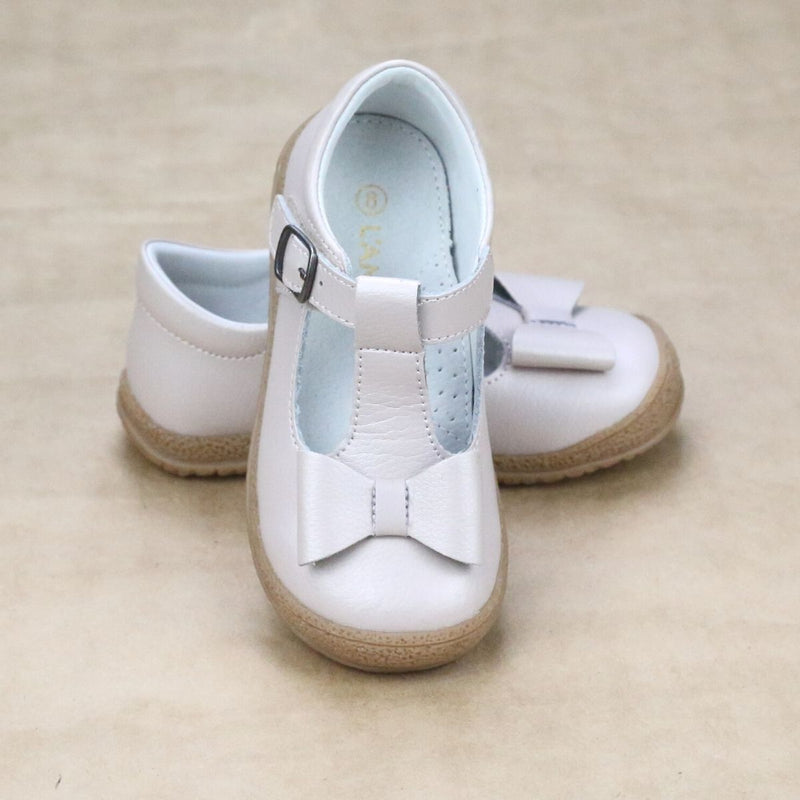 L'Amour Girls Almond Leather Stitched Bow T-Strap Mary Jane - Petit Foot.com