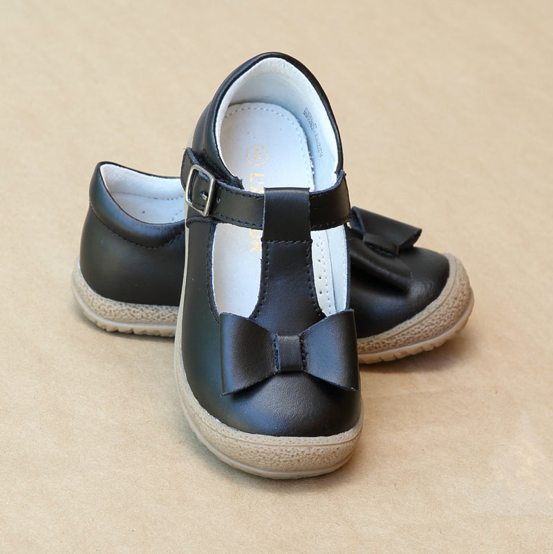 L'Amour Girls Black Leather T-Strap Bow Mary Jane - Petitfoot.com