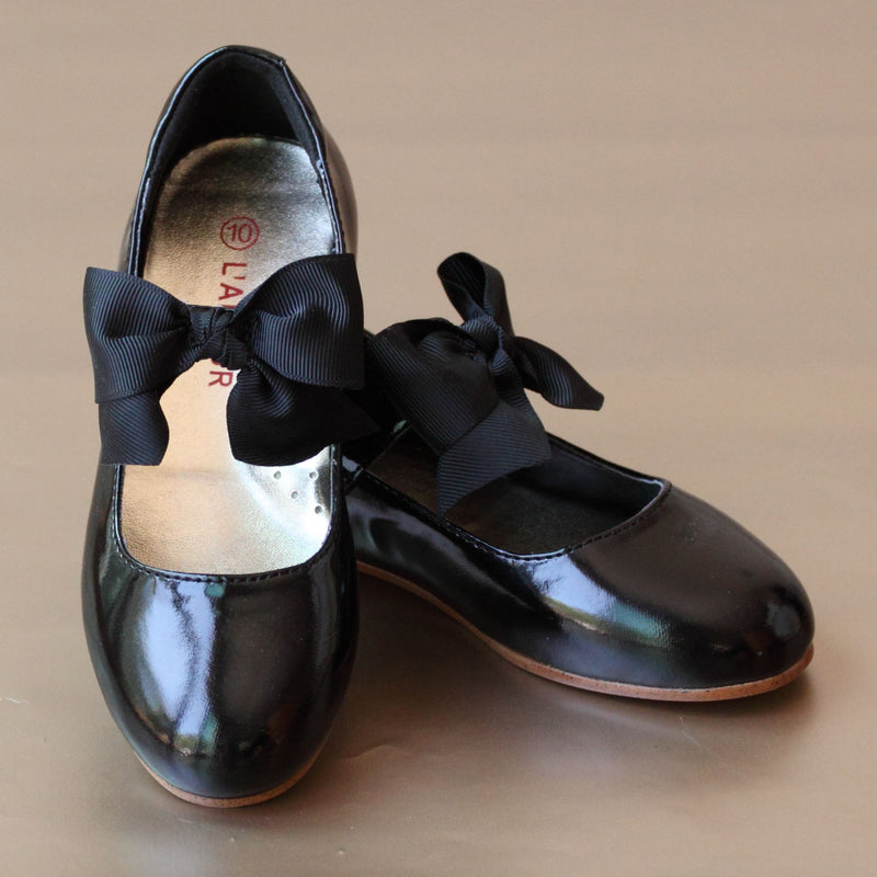 L'Amour Girls Bow on Strap Patent Black Flat