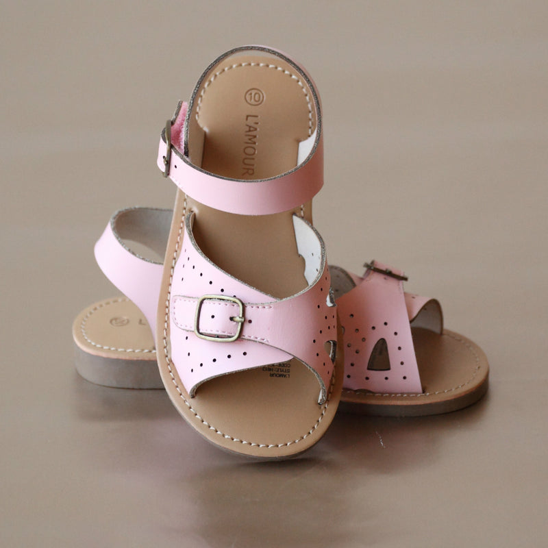 L'Amour Girls Pink Buckled Leather Sandal