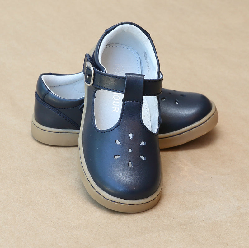 L'Amour Girls Chelsea Playground T-Strap Navy Leather Mary Janes - Petit Foot