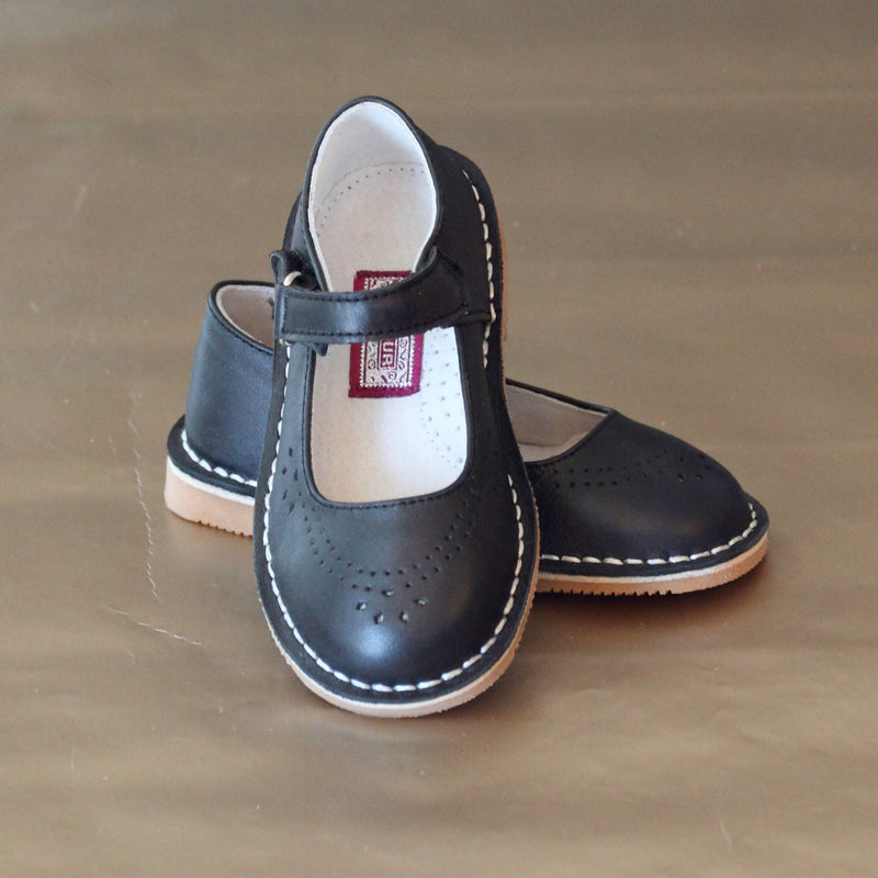 L'Amour Girls Classic Black Perforated Leather Mary Jane