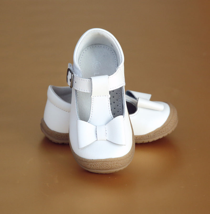 L'Amour Girls White Stitched Bow Mary Jane