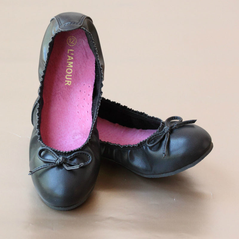 L'Amour Girls Elastic Black Leather Ballet Flat