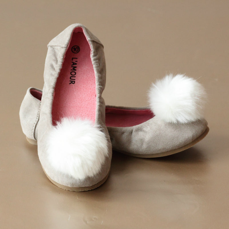 L'Amour Girls Fur Pom Pom Gray Flat