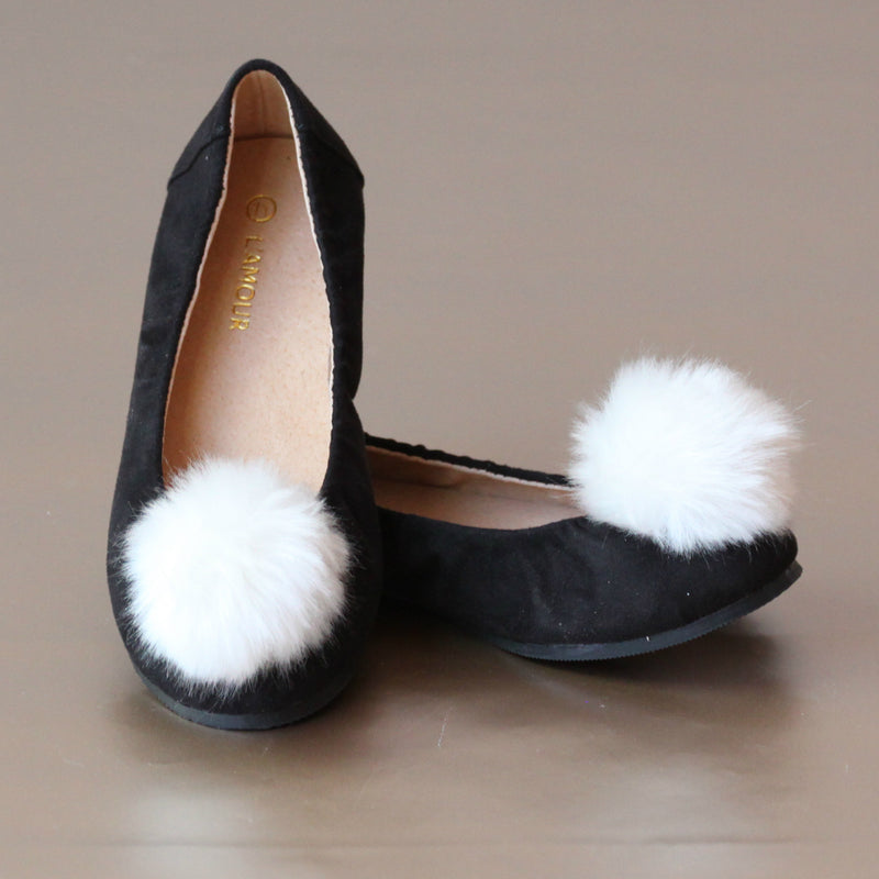 L'Amour Girls Fur Pom Pom Black Flat