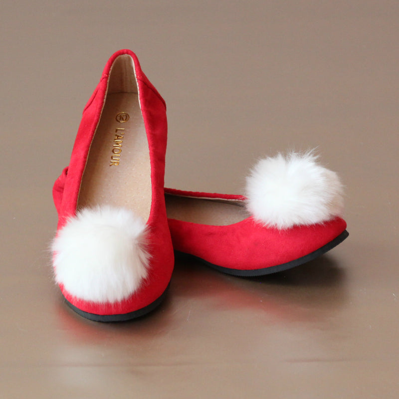 L'Amour Girls Fur Pom Pom Red Flat