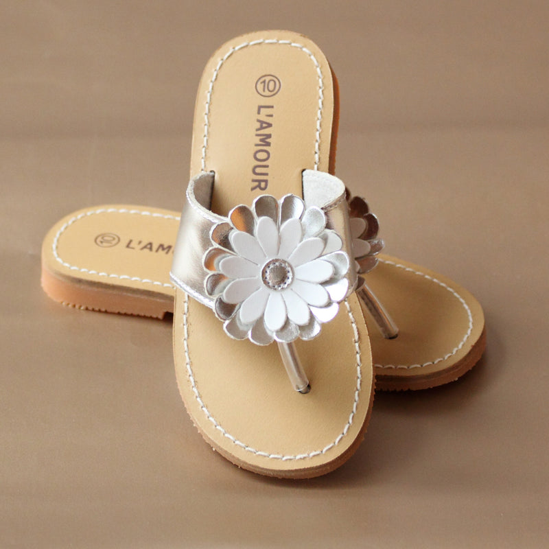 L'Amour Girls Silver Gerbera Daisy Thong Sandal