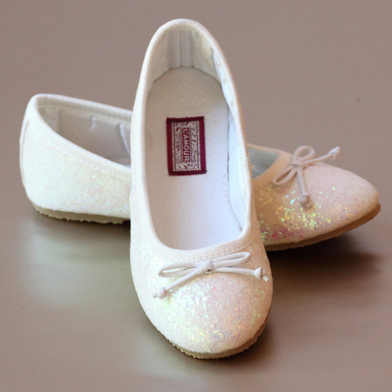 L'Amour Girls White Glitter Ballet Flats