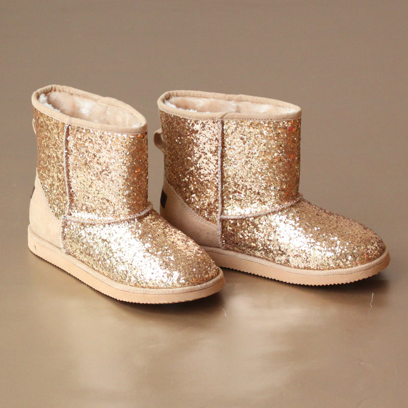 L'Amour Girls Gold Glitter Faux Fur Boot