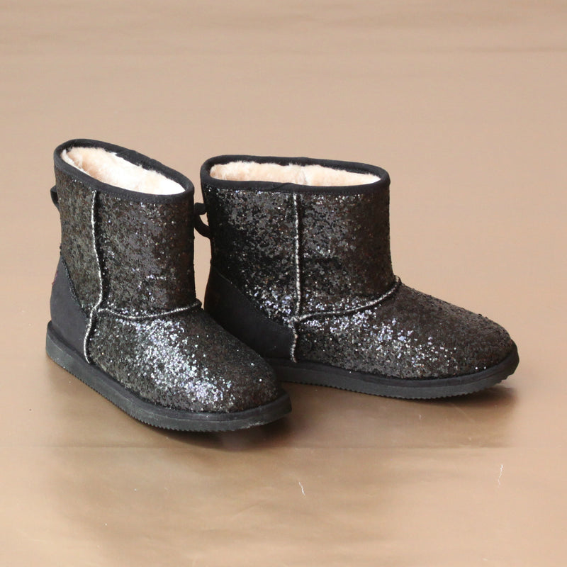 L'Amour Girls Black Glitter Faux Fur Boot