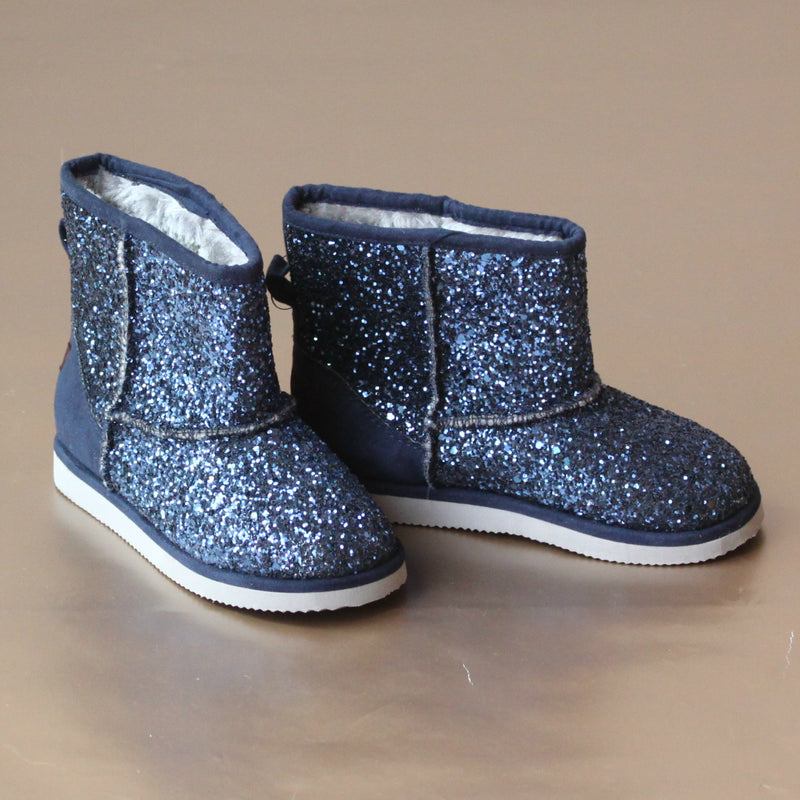 L'Amour Girls Navy Glitter Faux Fur Boot