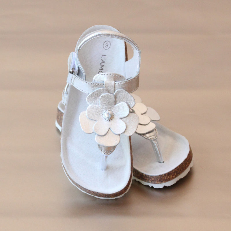 L'Amour Girls Silver Leather Cork Thong Sandal