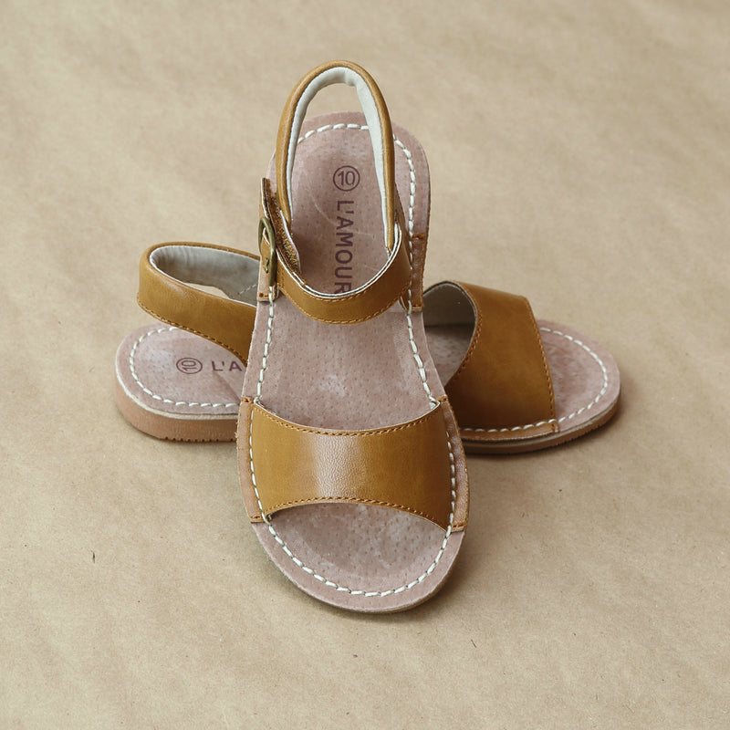 L'Amour Girls Mustard Stitch Down Open Toe Flat Sandal - Petitfoot.com