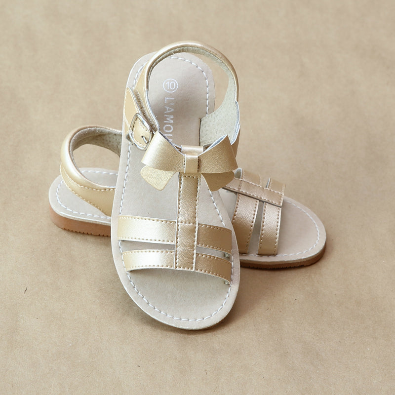 L'Amour Girls Champagne Leather T-Strap Bow Sandal - Petitfoot.com