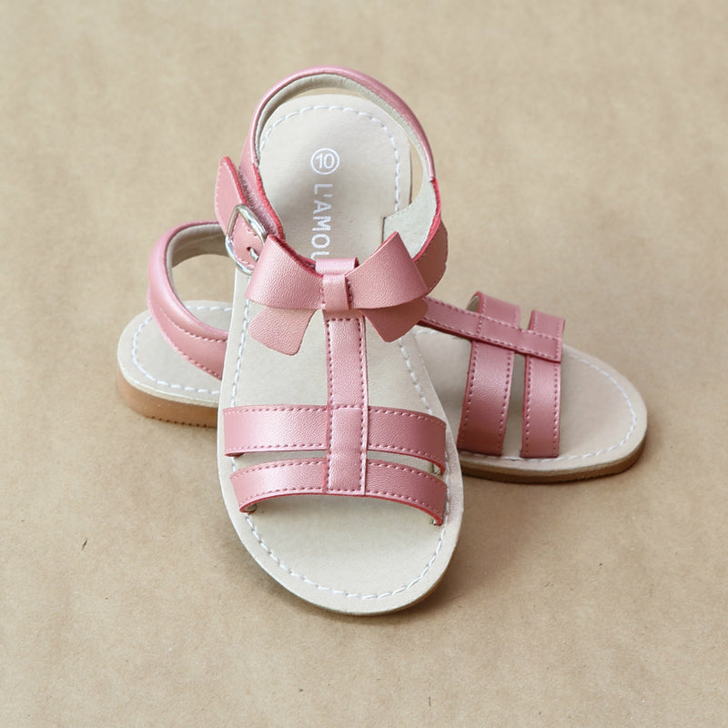 L'Amour Girls Guava Leather T-Strap Bow Sandal - Petitfoot.com