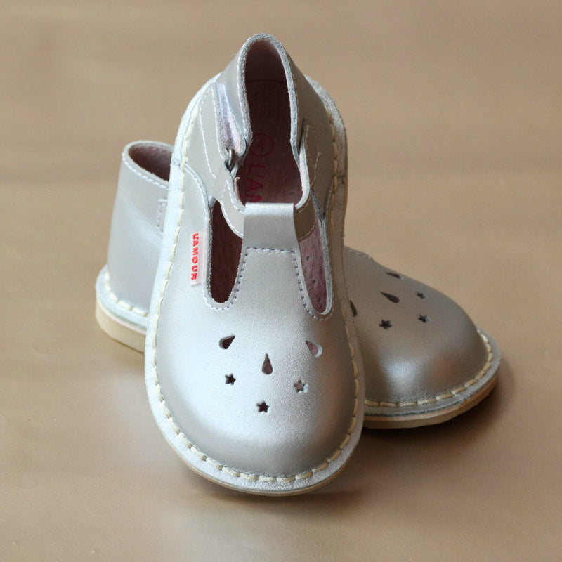 L'Amour Girls Nouveau Classic T-Strap Silver Leather Mary Jane
