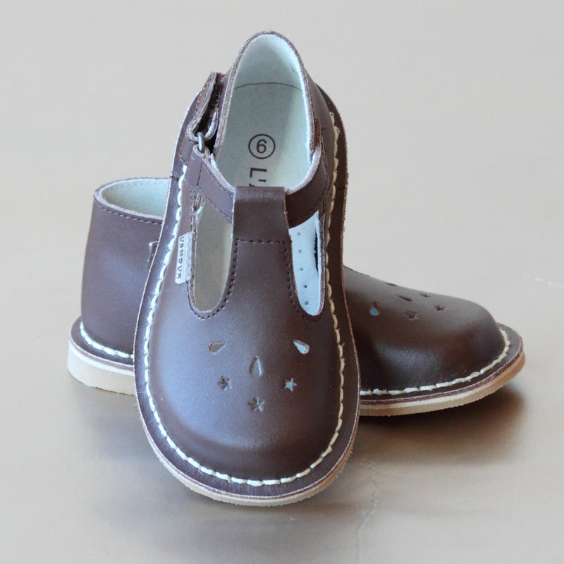 L'Amour Girls Nouveau Classic T-Strap Brown Leather Mary Jane