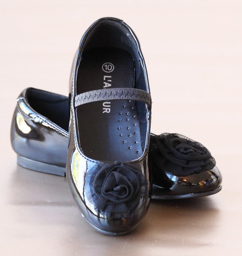 L'Amour Girls Patent Black Organza Rose Flats