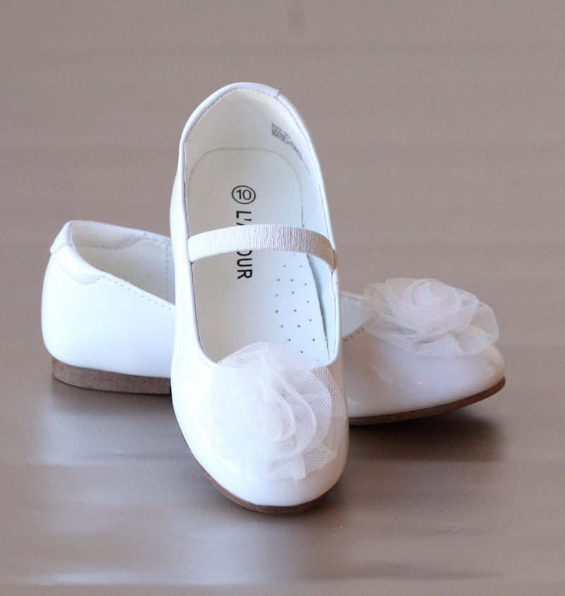 L'Amour Girls Patent White Organza Rose Flats