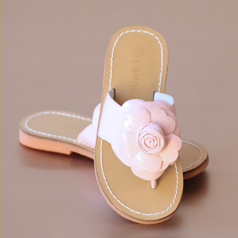 L'Amour Girls Patent Pink Rosebud Flower Thong Sandal