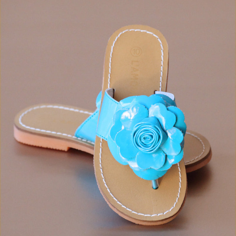 L'Amour Girls Patent Blue Rosebud Flower Thong Sandal