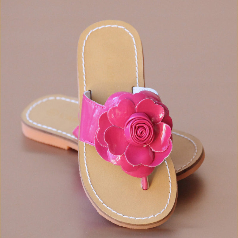 L'Amour Girls Patent Fuchsia Rosebud Flower Thong Sandal