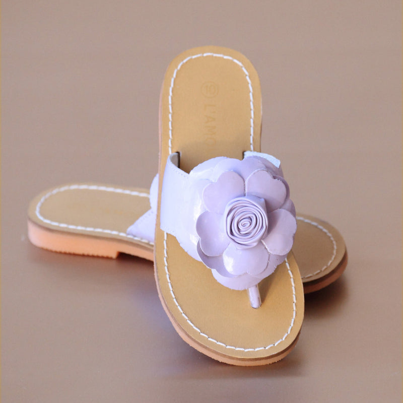 L'Amour Girls Patent Lilac Rosebud Flower Thong Sandal