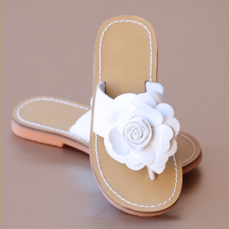 L'Amour Girls Patent White Rosebud Flower Thong Sandal
