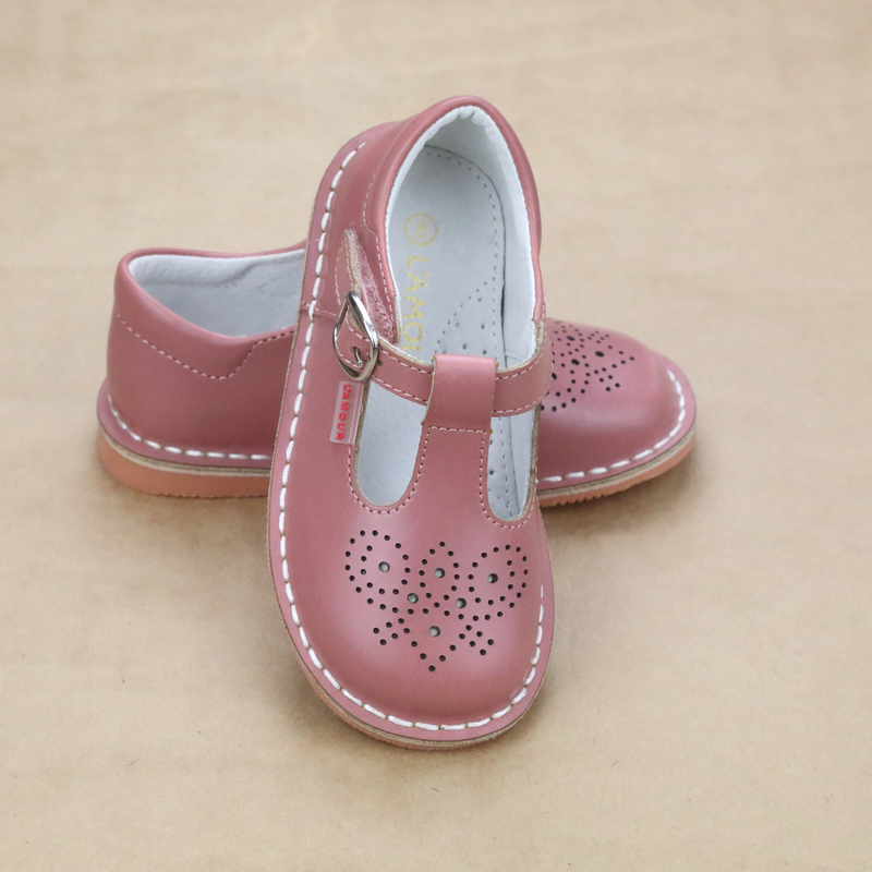 L'Amour Girls Perforated Pattern T-Strap Stitch Down Mary Jane in Vintage Rose
