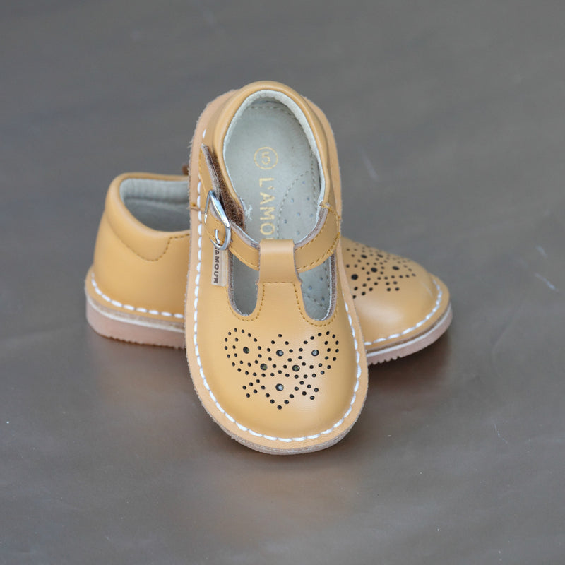L'Amour Girls Mustard Perforated Pattern T-Strap Stitch Down Mary Jane