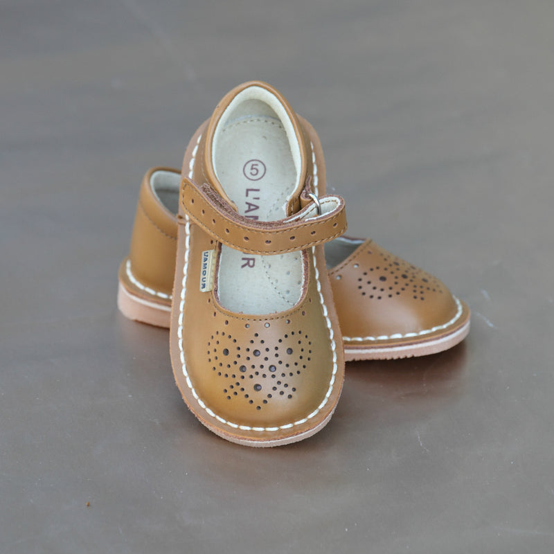 L'Amour Girls Brown Perforated Pattern Toe and Strap Stitch Down Mary Jane