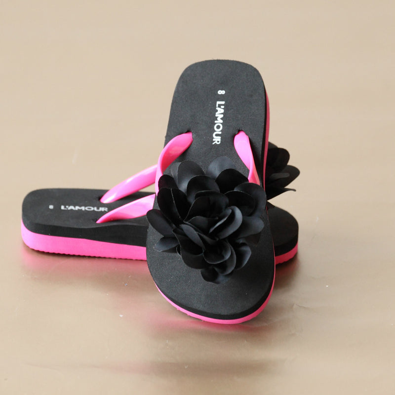 L'Amour Girls Black Petal Flip Flop Sandal
