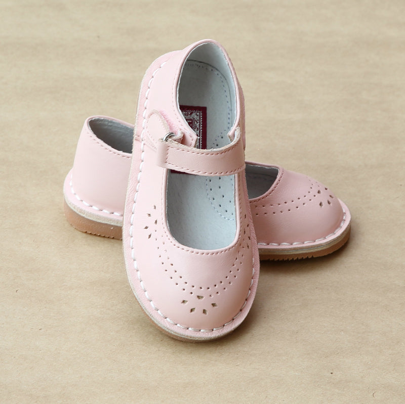 L'Amour Girls Pink Classic Perforated Leather Mary Jane - Petitfoot.com