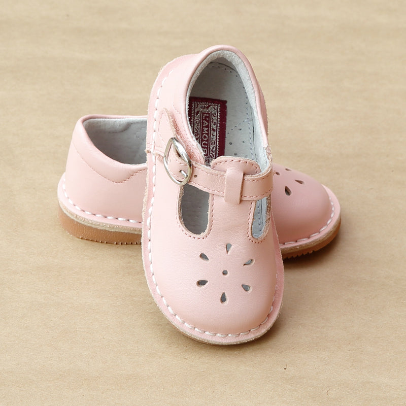 L'Amour Girls Pink Classic T-Strap Leather Cut Out Mary Janes - Petitfoot.com