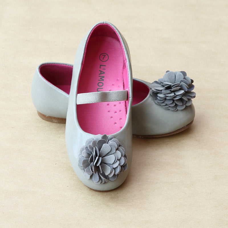 L'Amour Girls Gray Pom Pom Ballet Flat - Petitfoot.com