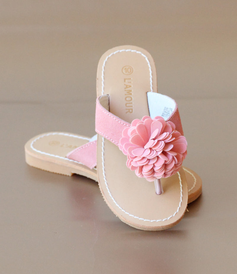 L'Amour Girls Pink Pom Pom Microsuede Thong Sandal