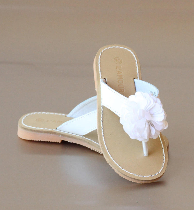 L'Amour Girls White Pom Pom Microsuede Thong Sandal