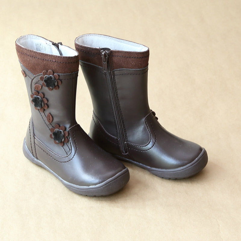 L'Amour Girls Brown Posy Flower Leather Mid Boot - Petitfoot.com