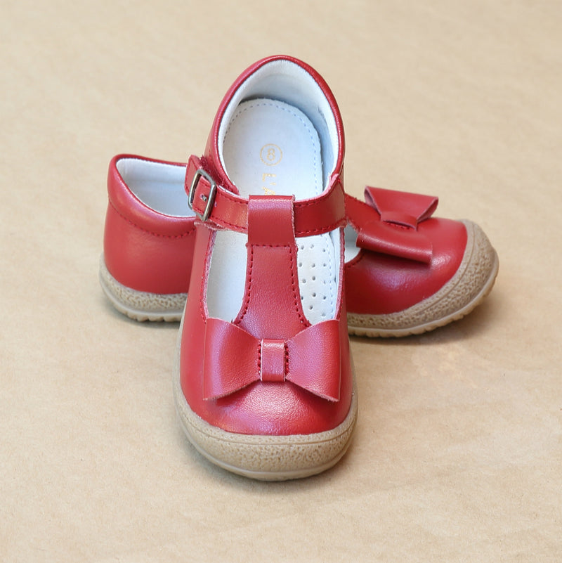 L'Amour Girls Red Leather T-Strap Bow Mary Jane - Petit Foot