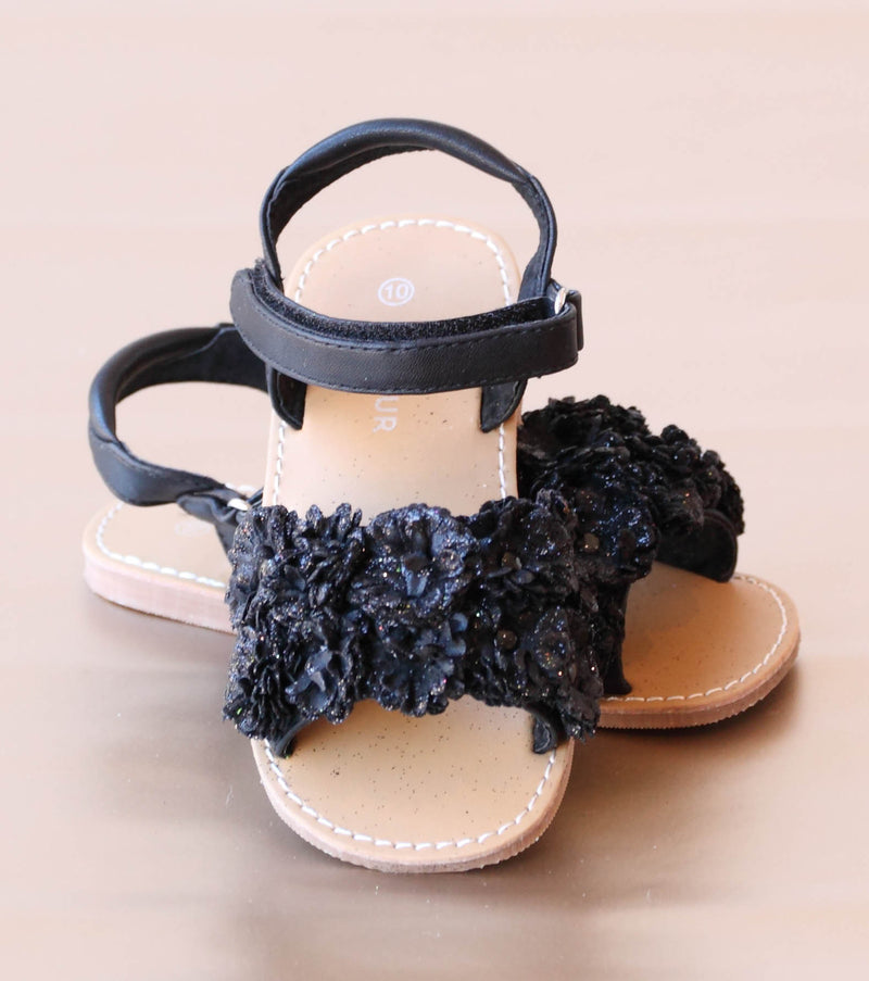 L'Amour Girls Black Rosette Applique Sandal