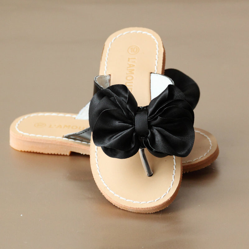 L'Amour Girls Black Satin Bow Sandal
