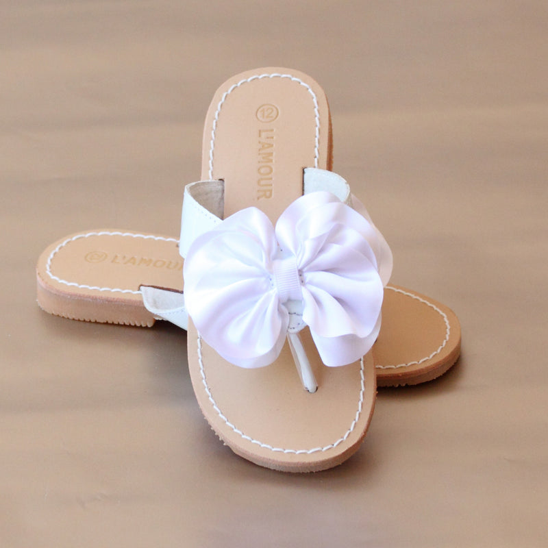 L'Amour Girls White Satin Bow Sandal