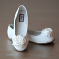 L'Amour Girls White Satin Rosette Leather Flower Girl Flat