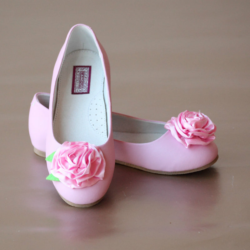 L'Amour Girls Pink Satin Rosette Leather Flower Girl Flat